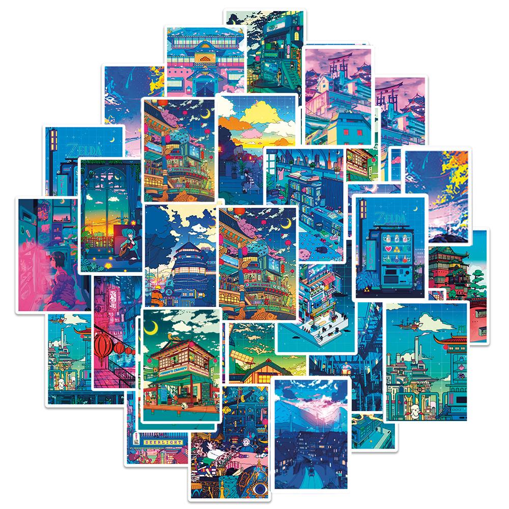 10/30/50pcs Cartoon Anime Street Night View Stickers Aesthetic Painting Prints Scenery Decal Laptop Suitcase Guitar Cool Sticker