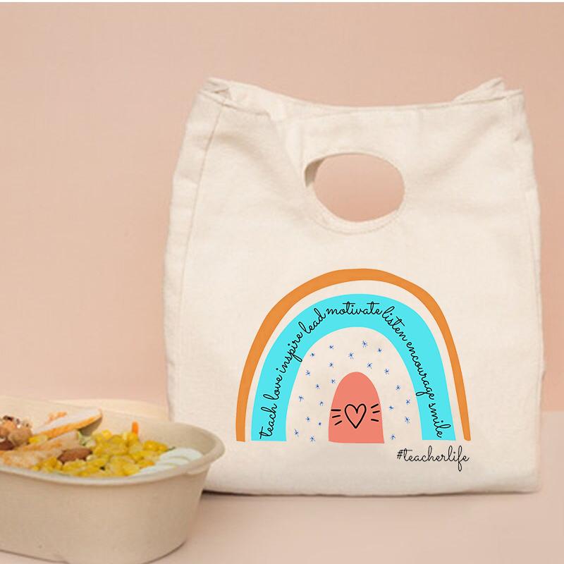 Rainbow Teacher Print Portable Lunch Box Bags Thermal Insulated Bento Tote Office School Food Cooler Storage Pouch Teacher Gifts