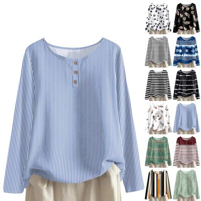 Women's Fashionable And Casual Shirt Long Sleeve Round Neck Solid-color Cotton And Linen Blouse Top