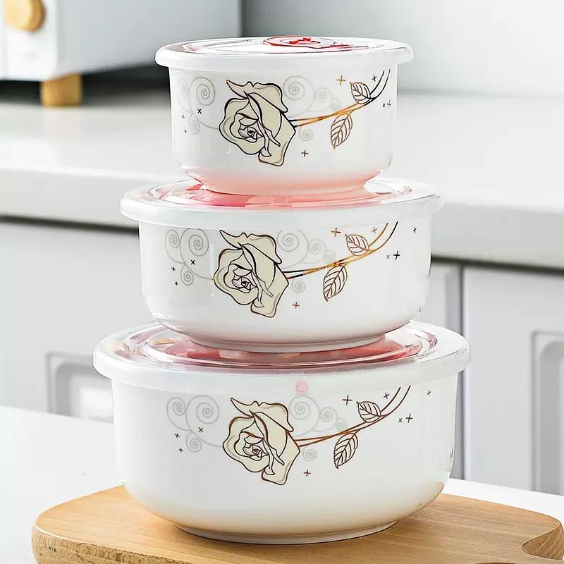 Three-piece Set, Bone China Food Container, Ceramic Salad Bowl, Lunch Box , Kitchen Ceramic Bowl Sets, Porcelain Mixing Bowl