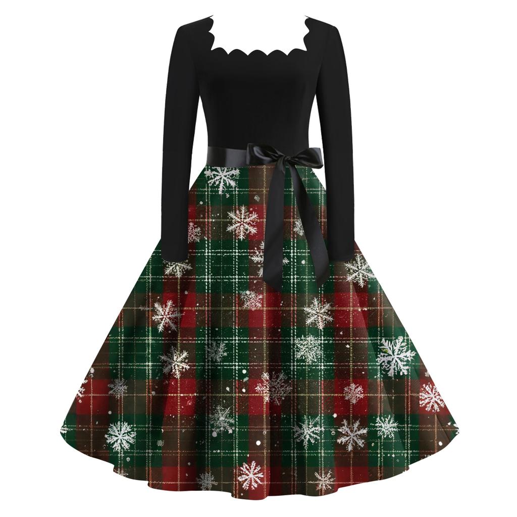 Women's Fashion Retro Long-sleeved Square Collar Christmas Printed Evening Dress