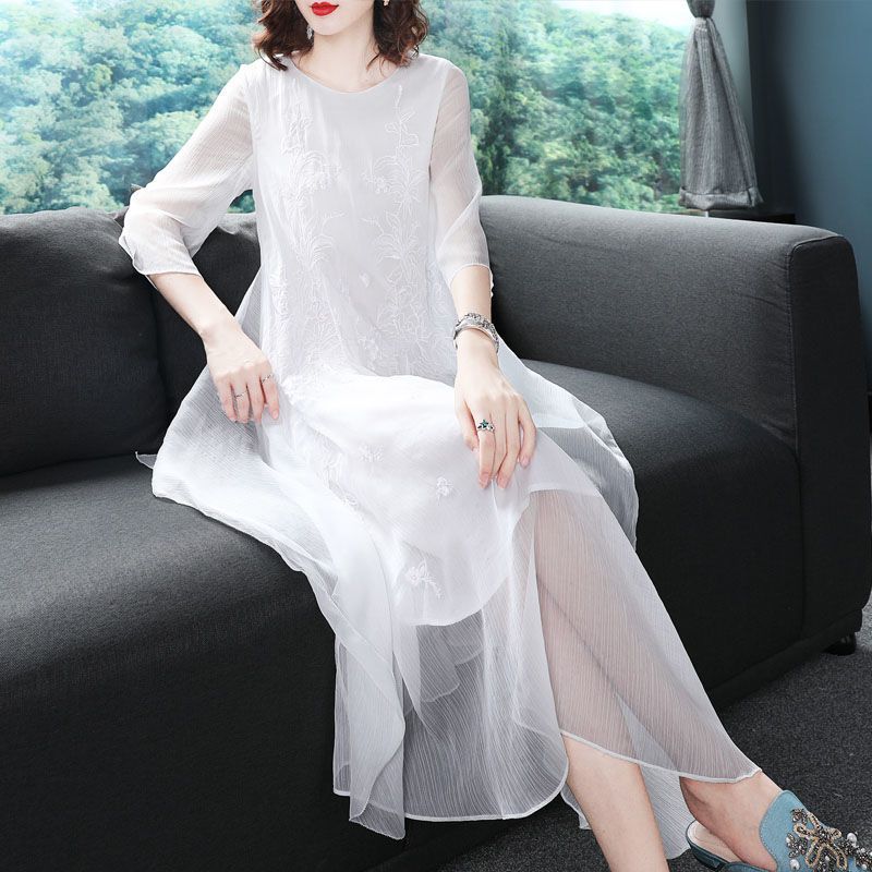 Chinese Traditional Chiffon Qipao National Flower Embroidery Cheongsam Oriental Elegant Wedding Party Dress