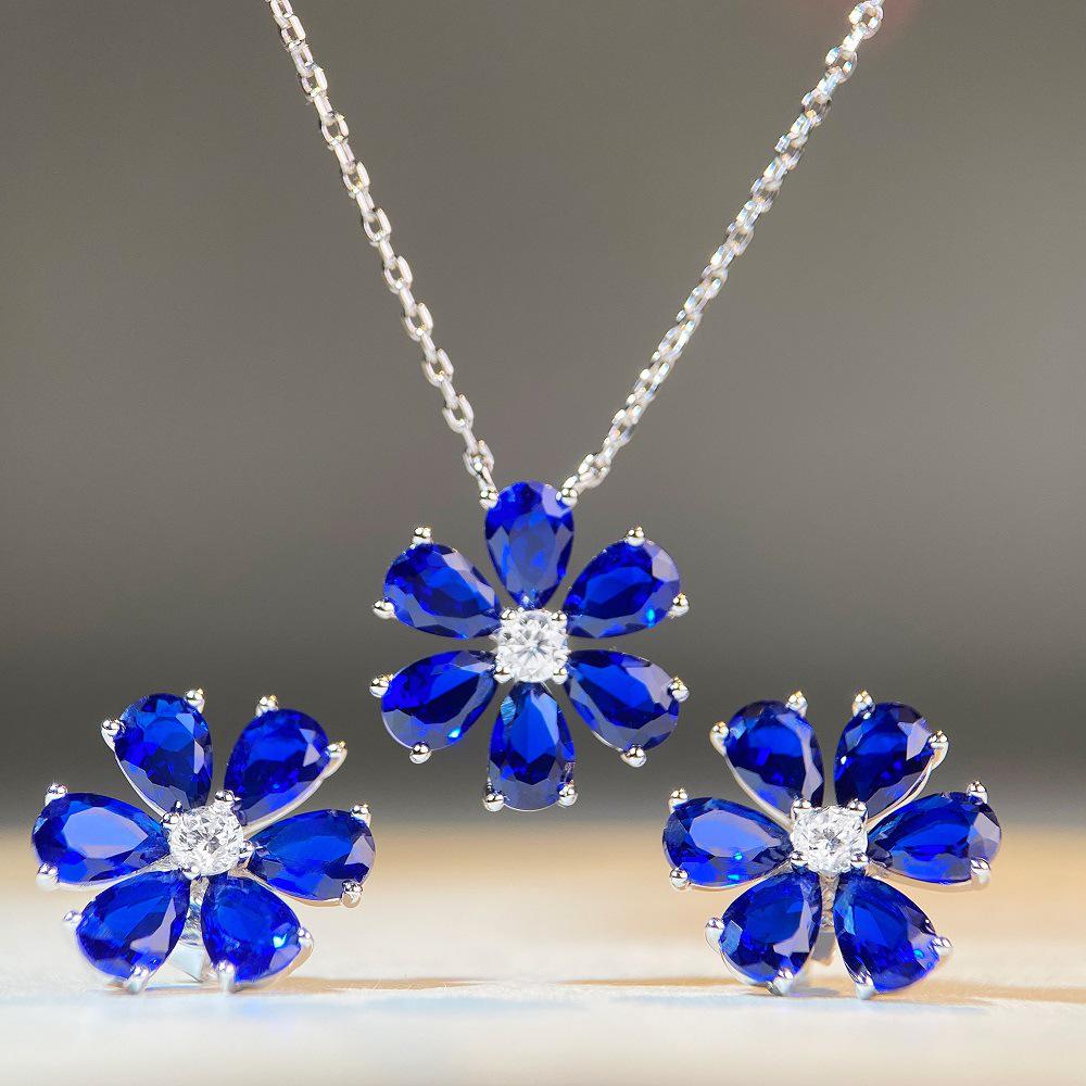 S925 Sterling Silver Daisy Flower Aquamarine Zircon Stud Earrings for Women - European & American TikTok Style
