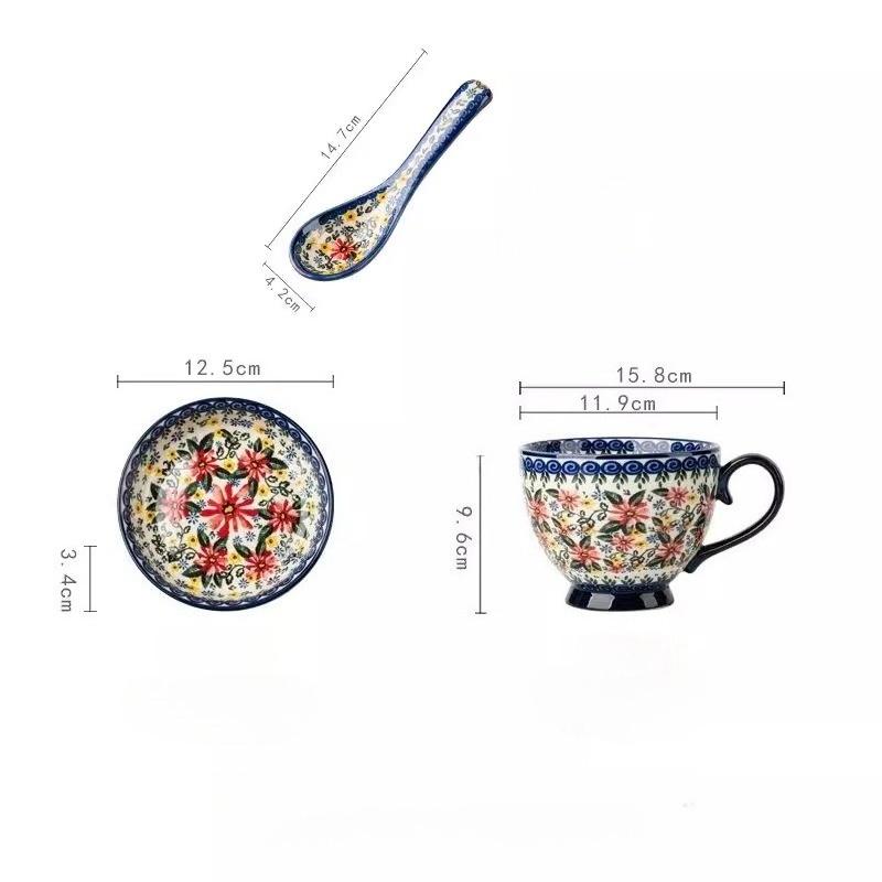 Handpainted Ceramic Soup Bowl with Snack Serving Tray,Vintage Floral Embossed Design Microwave Safe,Large Handle and Thick Base,Perfect for Cereal,Nut