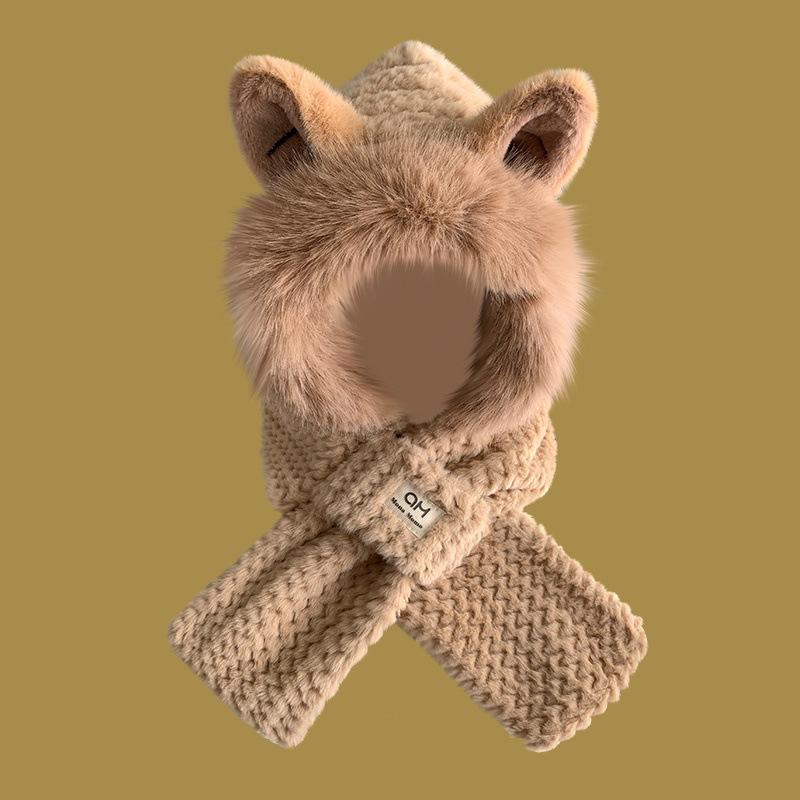 Cute Fox Ears Plush Hat Scarf Integrated Autumn and Winter New Warm Ear Protection Cute Cold Women