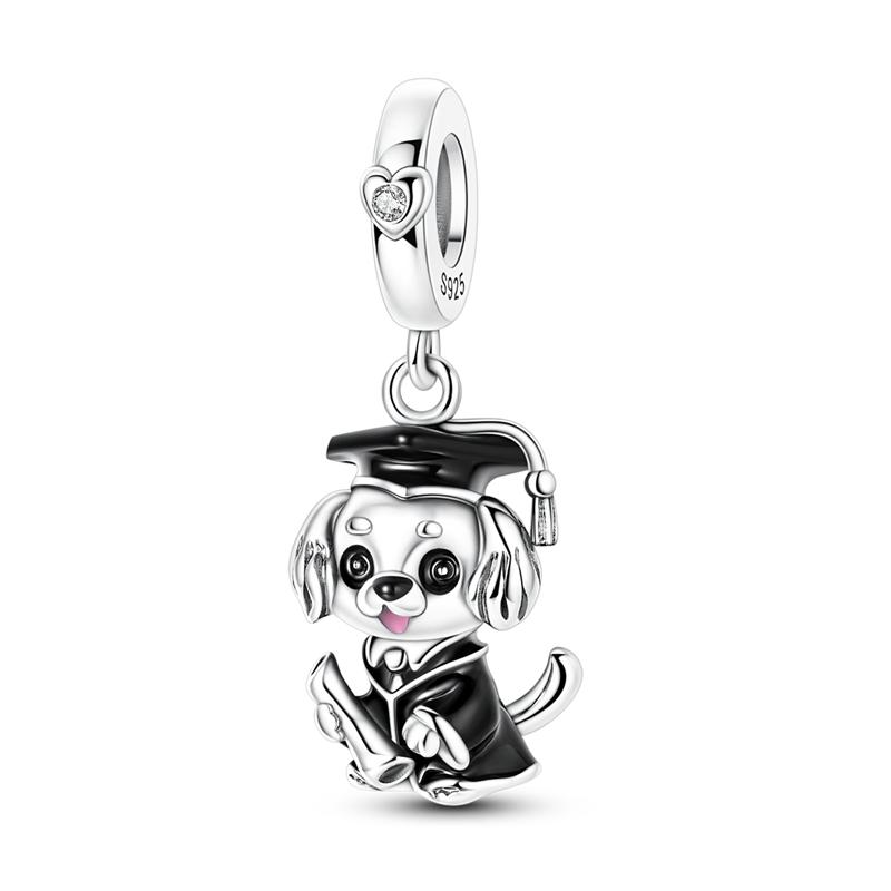 Charms 925 Silver Happy Graduation Series Bachelor's Cap Floral Charm Beaded Pendant Fit Bracelet Necklace Jewelry Gift