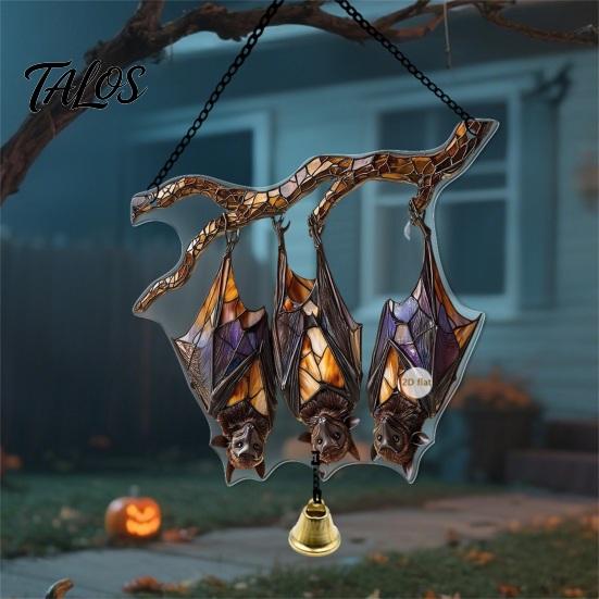 Vintage Window Pendant Halloween 2D Acrylic Decoration with Chain, Bell, Stained Glass Ghost Bat Bell Pumpkin Suncatcher Decor, Wall Hanging Ornament