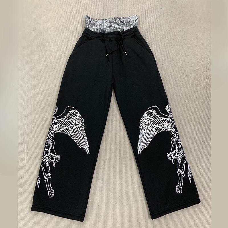 

Европейский и американский весенне-осенний уличный тренд, брюки с принтом крыльев, повседневные, тонкие, свободного кроя, нишевые L чёрный