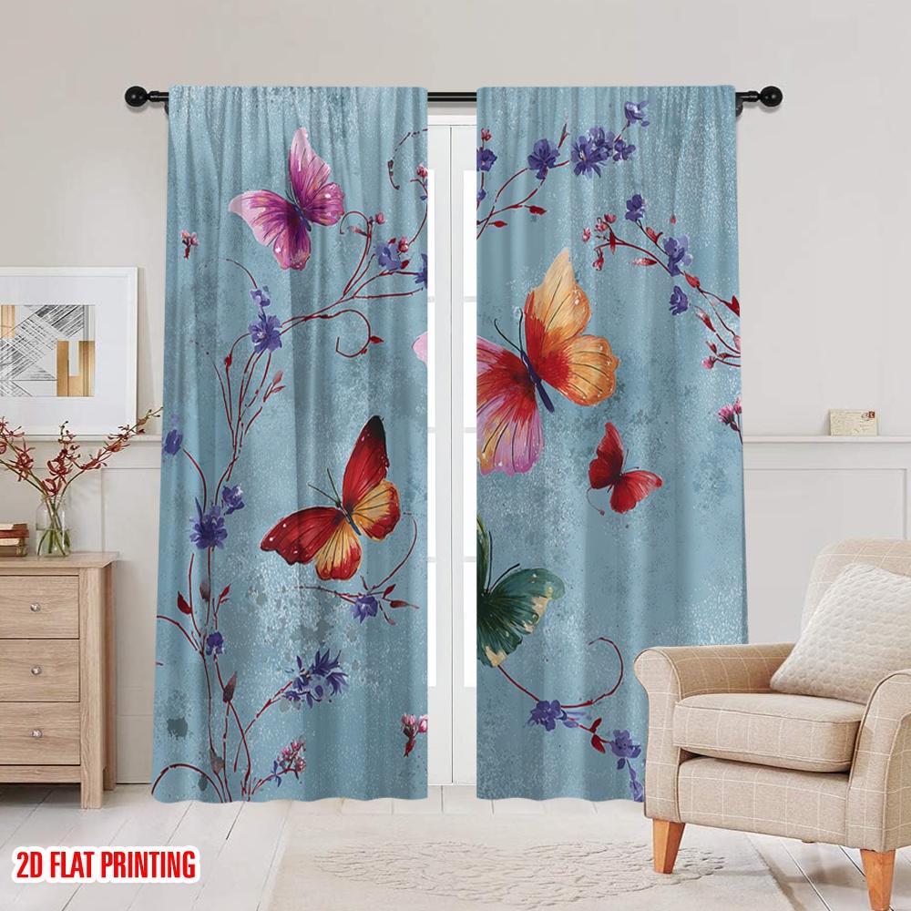 2pcs 2D flat printing Curtain Vintage Butterfly Floral Watercolor Digital Printed Polyester Drapes Festive Wall Decor Use for