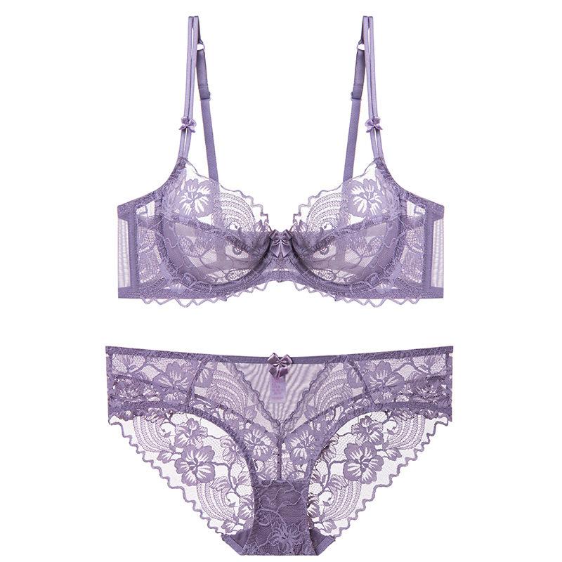 Damen Sommer Sexy Spitzen-Dessous-Set im französischen Stil, dünne Körbchen, geraffte Push-Up-Unterwäsche, Minimizer-BH und Höschen-Set