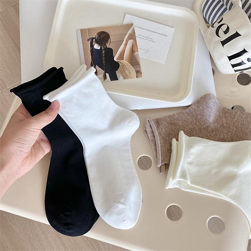 Solid Color Women’s Cotton Mid-Calf Socks - Japanese Rolled Edge for Spring & Autumn, Ruched Style, Versatile.