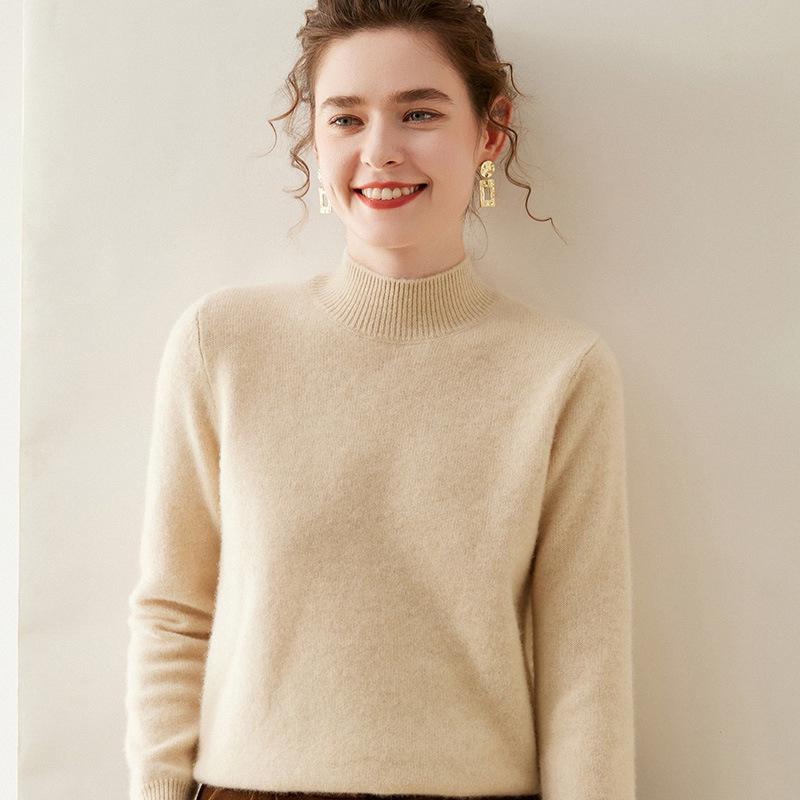 Women's Slim-Fit Half-High Neck Warm Cashmere Knitted Sweater Pullover - Versatile Autumn/Winter Wear