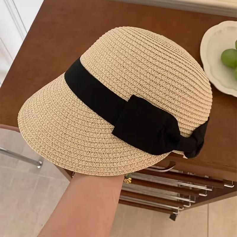 Bowknot Straw Hat Dome Grass Woven Duckbill Hat Bucket Hat Sun Protection Visor Cap for Women Spring Summer Outdoor Travel Cap