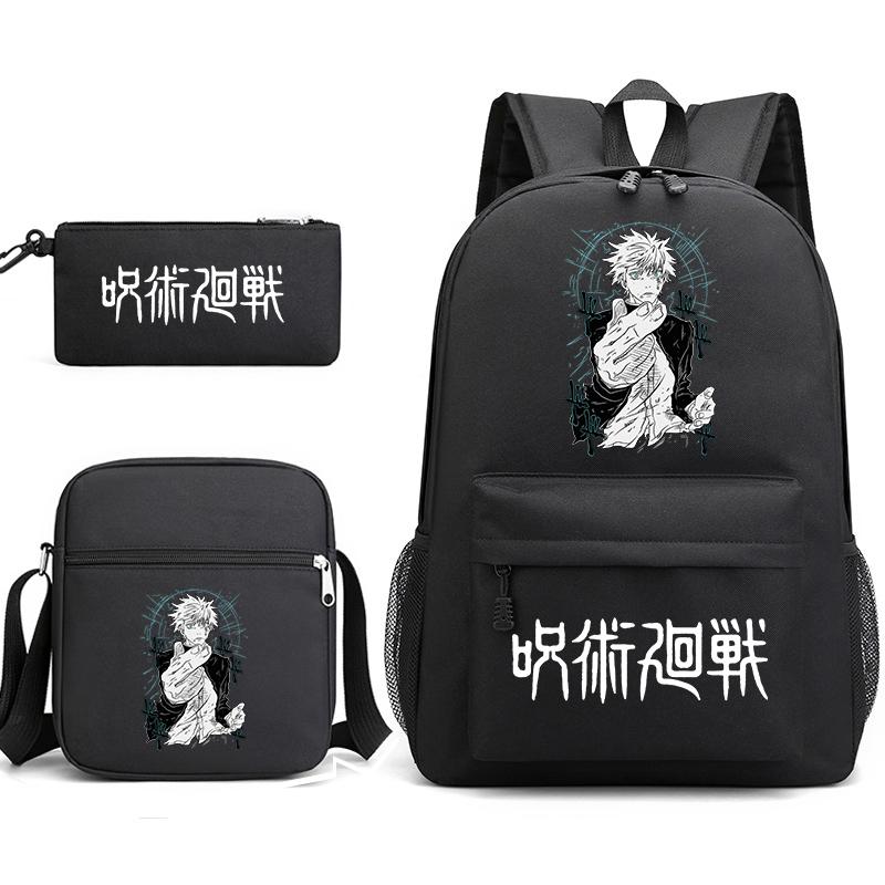 Ensemble de Sac à Dos Étudiant Imprimé Jujutsu Kaisen 3-en-1 Sac d'École Décontracté Anime pour Garçons Filles avec Sac à Bandoulière Trousse