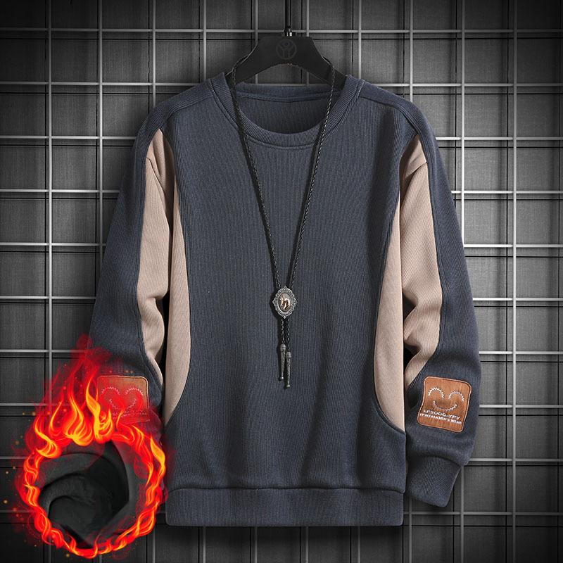 Round Neck Sweatshirt for Men, Autumn and Winter Casual Long-sleeved T-shirt, New Korean Version, Trendy Velvet, Versatile Loose Top