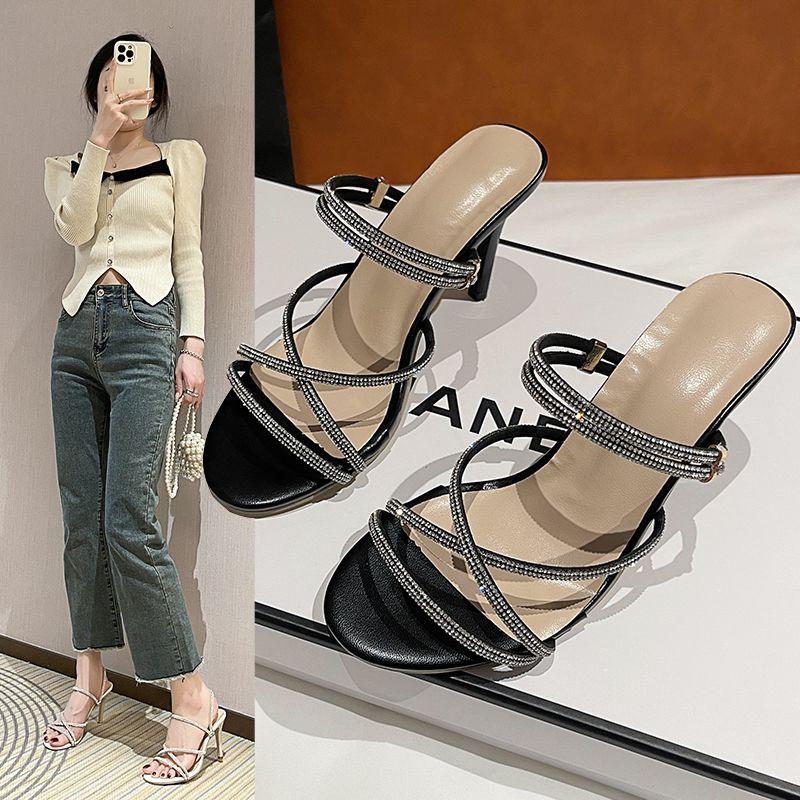 French nude high heels women's summer 2024 new stiletto fashion sandals Internet celebrity sexy side empty shoes