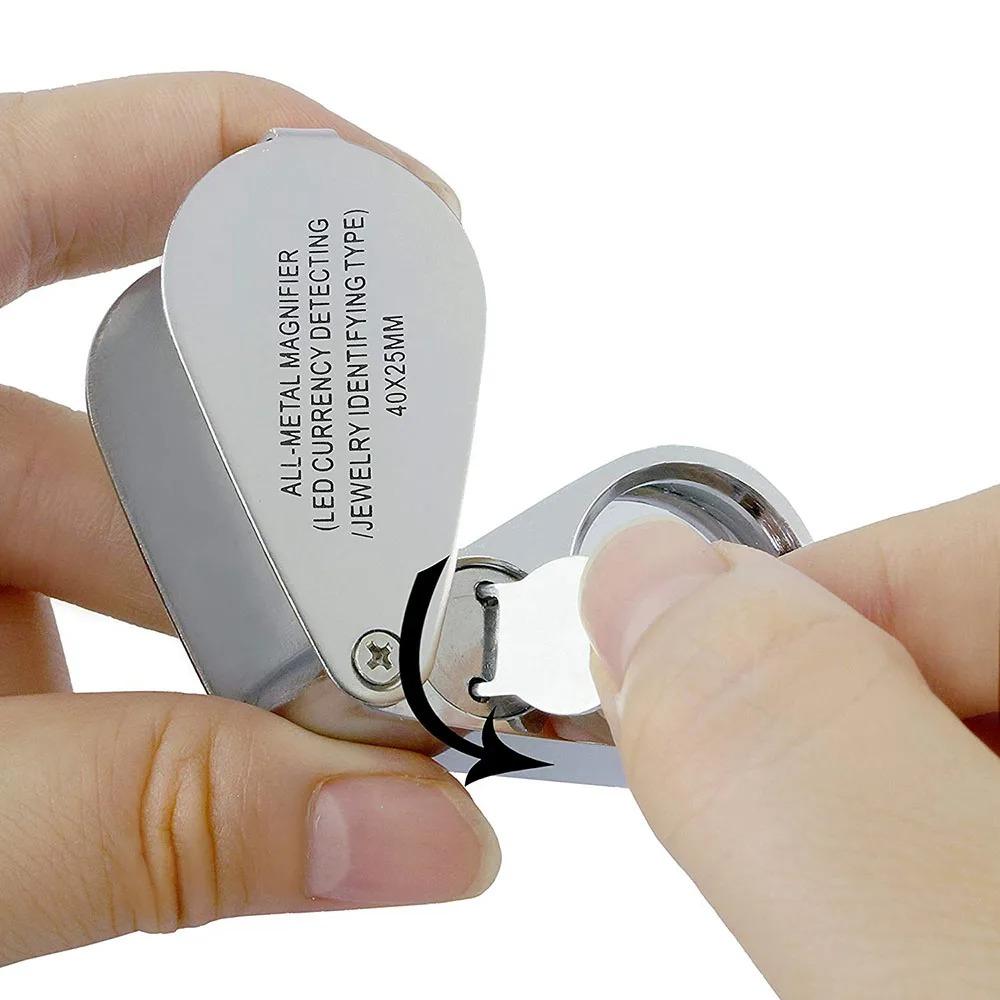 40X Illuminated Jeweler Loupe with LED UV Light Magnifier Optical Glass Metal Body for Jewelry Appraisal and Watch Repair