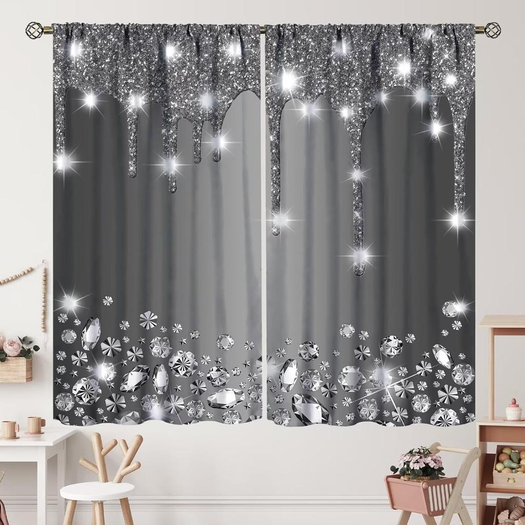 Unique 3D Printing Jewelry Falling Curtains Diamonds Black Backdrop Curtain with Rod Pocket for Bedroom Living Room Kitchen Home