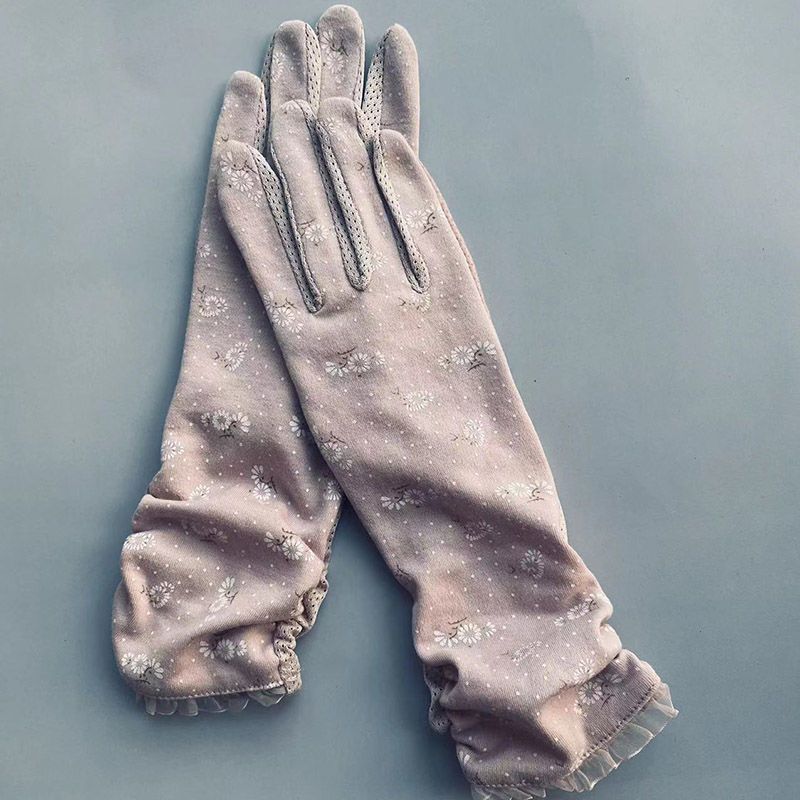 Summer Driving Sun Protection Gloves for Women Short Pure Cotton Thin Medium Long Breathable Anti Slip Floral Pattern