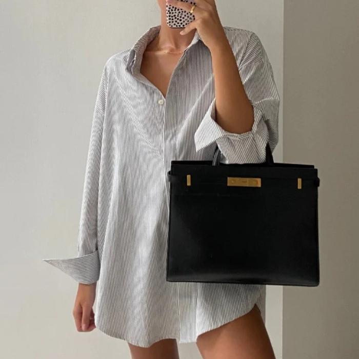 GMXIA Striped Shirt Europe and The United States Autumn Simple Senior Sense of Hidden Buttons Long-sleeved Striped Cardigan