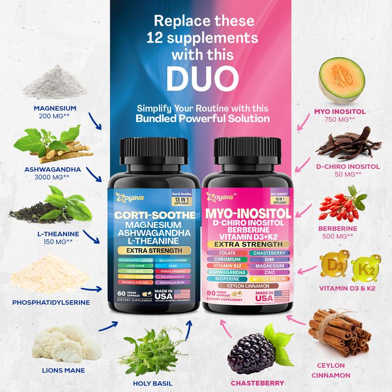 Zoyava Kortisol & Myo-Inositol Allt-i-ett Kosttillskott – Multivitaminkomplex med Extra Styrka Ingredienser för Fitness & Välbefinnande Stöd