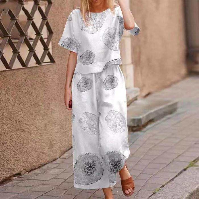 Spring and Summer Loose and Elegant Casual Printed Cotton and Linen Short-sleeved Fashionable Sportswear Set