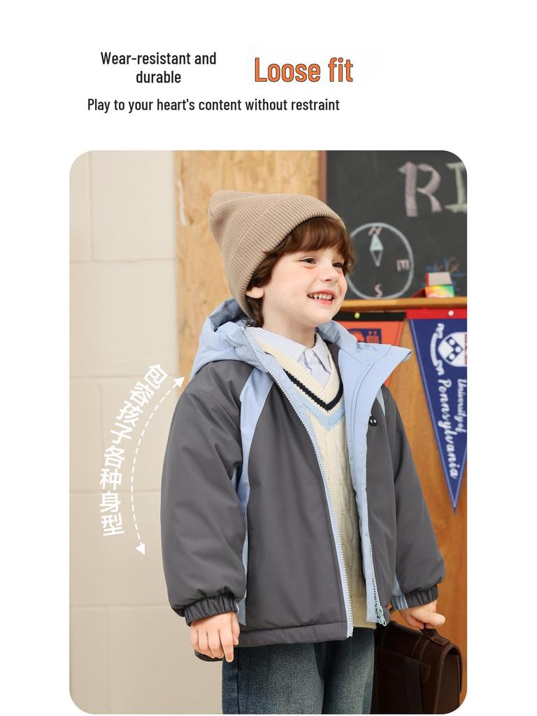 2025 New Boys' Color Block Waterproof Hooded Cotton Jacket with Fleece