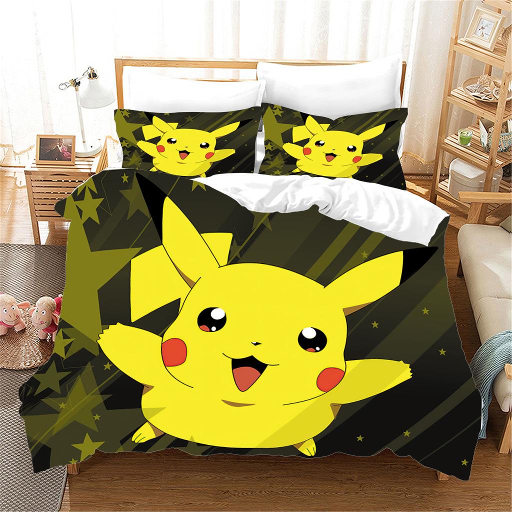 Anime P-Pokémon Printed Bedding Set New Ash Ketchum Pikachu Duvet Cover Comforter Pillowcase Boys Girls Children Adults King Gif