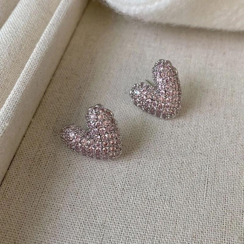 HEFANG Tulip Sterling Silver Heart Stud Earrings with Full Diamond and Epoxy Design.