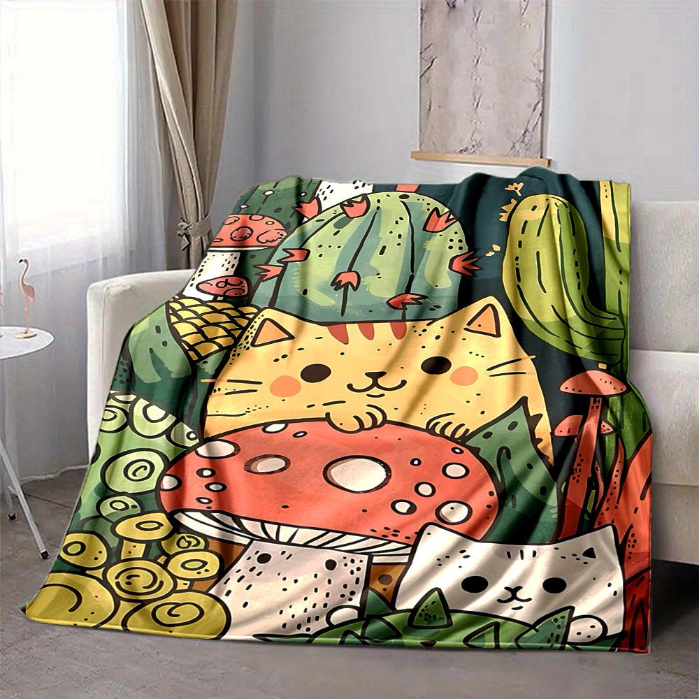 1pc Cactus Mushroom Cat Pattern Blanket, Lightweight Flannel Throw Blanket for Sofa, Bed, Travel, Camping, Living Room, Office, Couch025