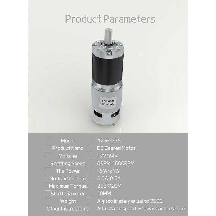 42GP-775 Planetary Gear Reduced DC Motor, 12V/24V, 10mm Output Shaft all-metal Gears Torque up to 253KG Reversible Brushed Motor