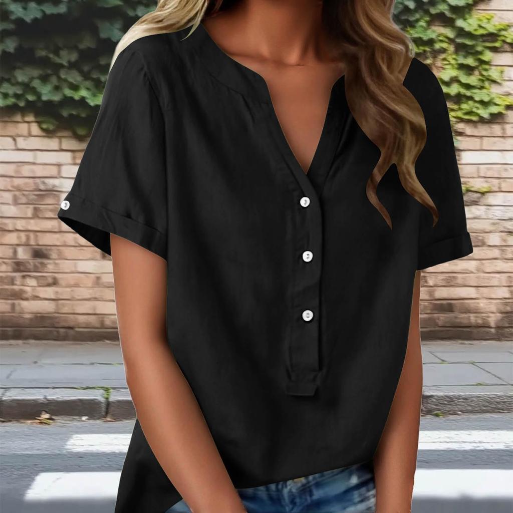 Fashionable Women's Linen V-neck Button Up Half Open Design, Fashionable Short Sleeved Shirt Color Top