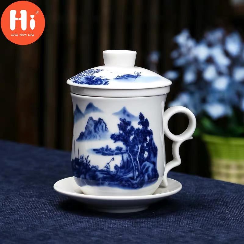 Hi Blue and White Porcelain Office Teacups with Lid Filter Creative Ceramic Hand-Painted Water Cups Household Drinkware Gifts