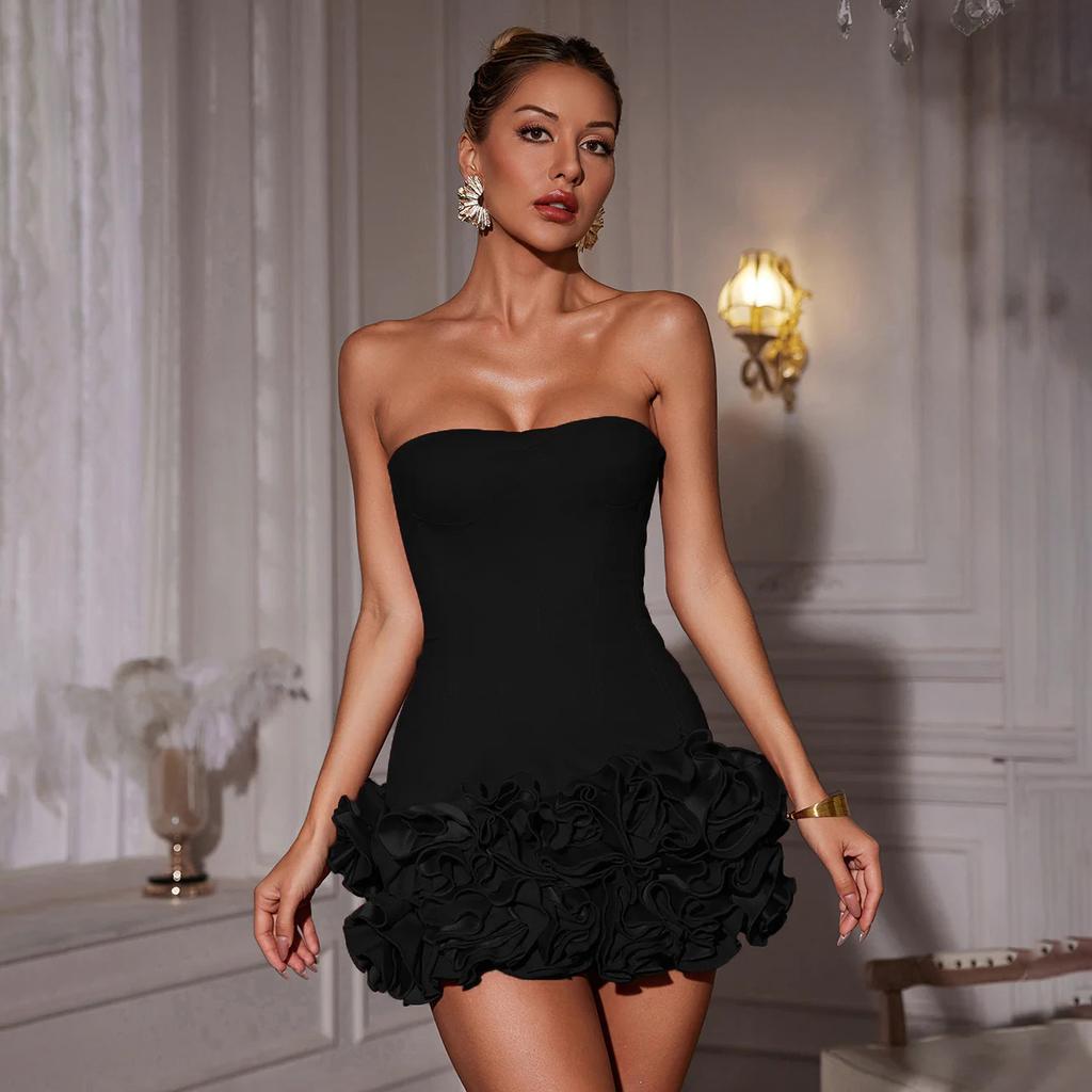 Women Sexy Strapless Backless Flower Mini Bandage Dress Bodycon Party Cocktail Evening Party Dresses