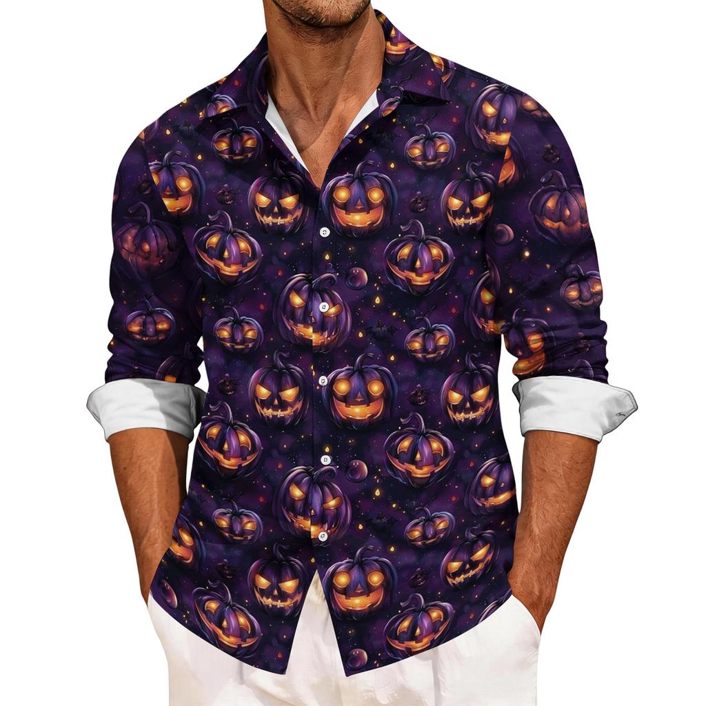 Men's Casual Long Sleeve Halloween Print Button Down Shirt Relaxed Fit Lightweight Breathable Fabric Comfortable Daily Wear