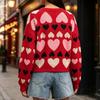 Women's Casual Heart Pattern Round Neck Loose Fit Knit Pullover Sweater
