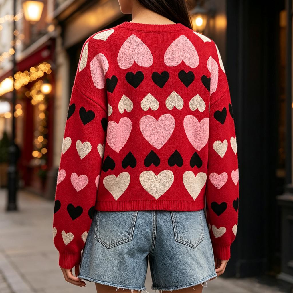 Women's Casual Heart Pattern Round Neck Loose Fit Knit Pullover Sweater