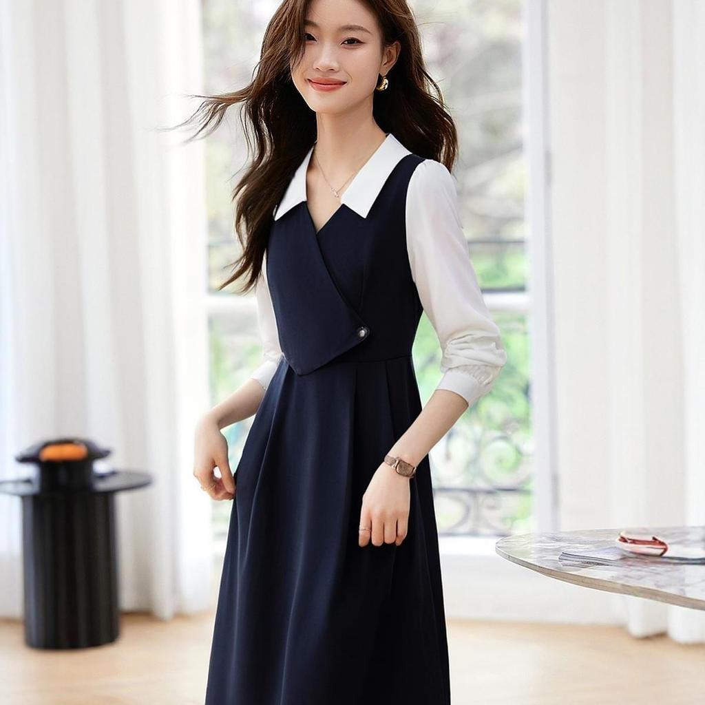 Autumn Fashionable Design Dress for Women's Fake Two-piece Commuting Dress