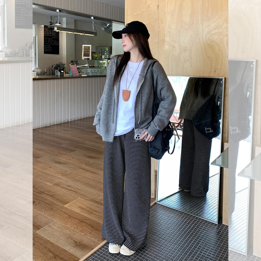 Flower gray hooded drawstring long-sleeved zipper knitted cardigan women's autumn loose lazy wind sweater jacket