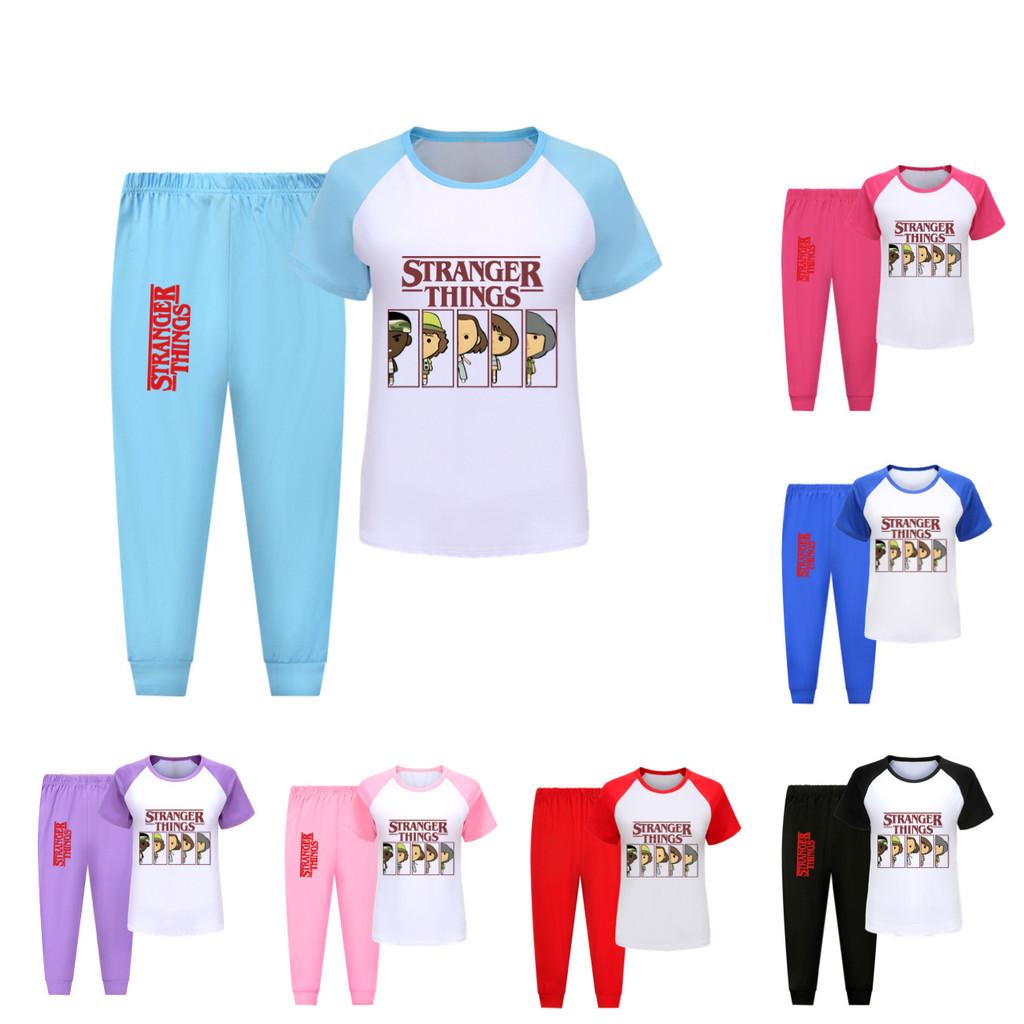 5248 Kids Boys Girls Stranger Print T-shirt Pants Trouser Sport Tracksuit Clothes Set