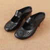 Johnature Mid Heel Slippers Ethnic Style Genuine Leather Hollow Out Breathable Women's Shoes