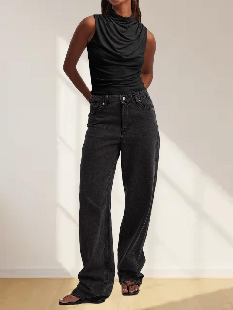 Women's Mock Neck Sleeveless Tank Top Slim Fitted Ruched Draped Top