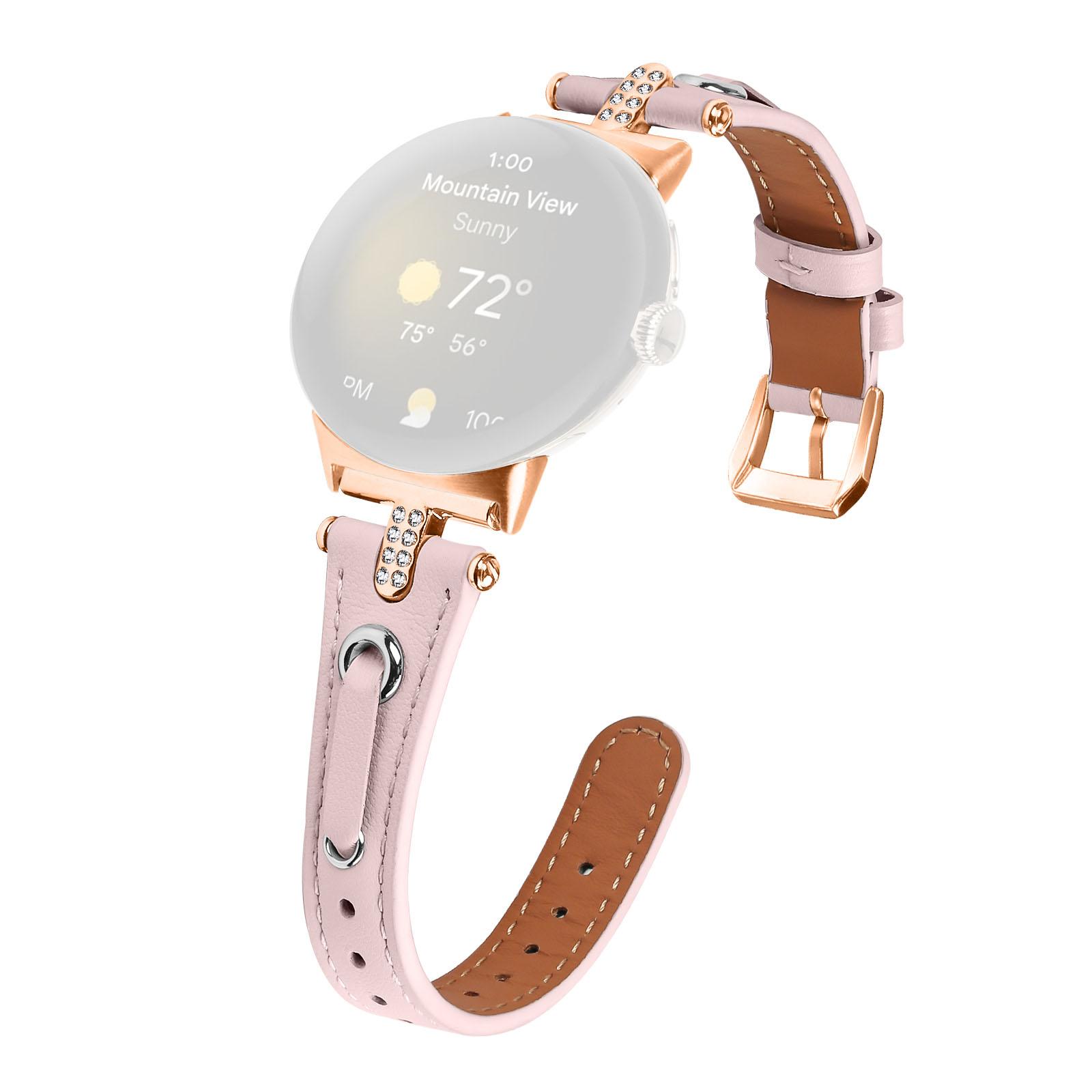 

For Google Pixel Watch 3 41mm/Watch 2/Pixel Watch Genuine Cow Leather Watch Strap Rhinestone Decor Rose Gold Buckle Watch Band Pink