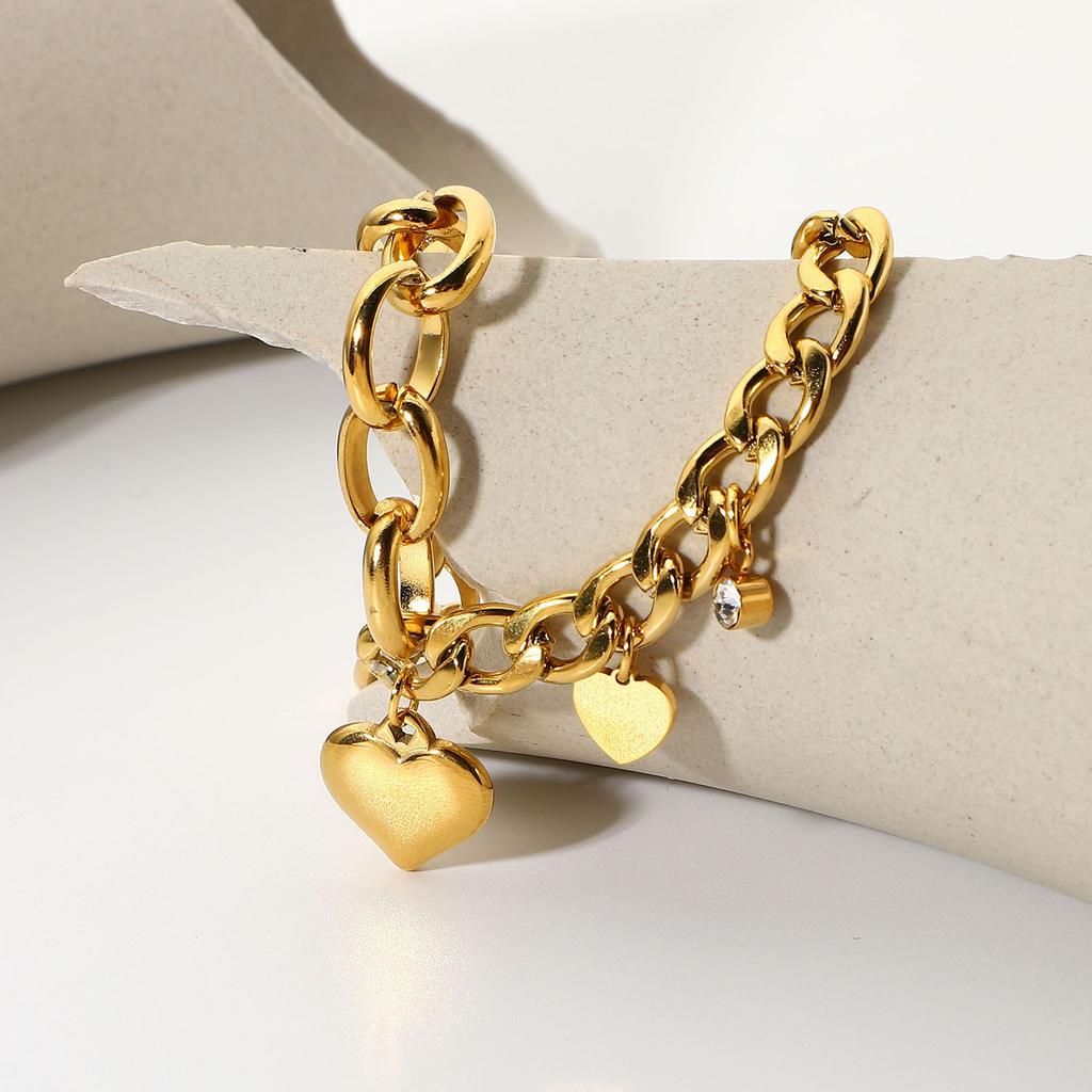 Cuban Chain Oval Chain Double Love Small Round Zirconium Pendant OT Buckle Bracelet 18K Gold-plated Stainless Steel Wind Chain