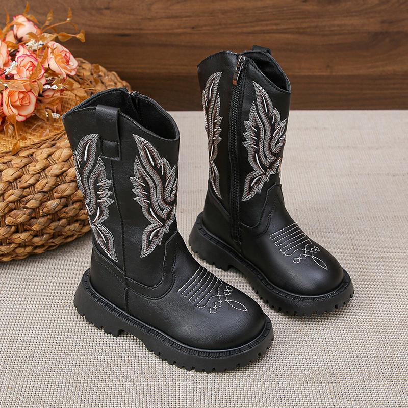 Children Leather Boots Classic Cowboy Embroidery Girls Long Booties Kids Winter Round Toe Soft Snow Shoes Fashion Snow Boots