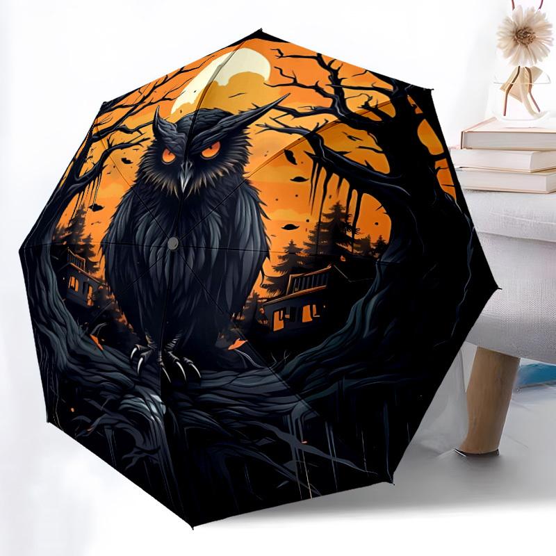 1pc Halloween Owl Automatic Folding Umbrella, Lightweight Retractable Compact Travel Umbrella, 8-Rib Sturdy Frame149