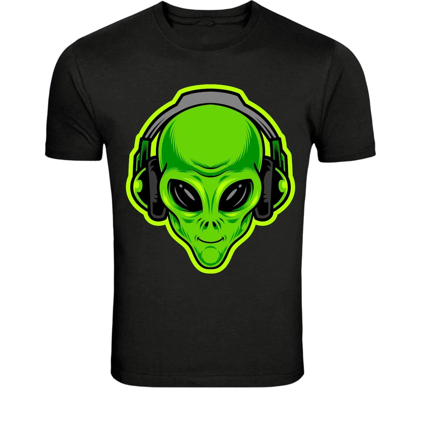 Alien DJ Headphones T-Shirt - Cool Green UFO Music Lover Graphic XL
