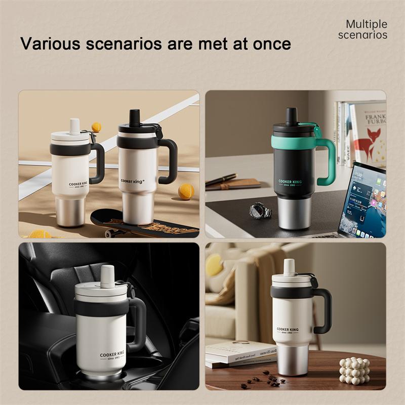 COOKER KING 950ml Stainless Steel Insulated Cup Straw Thermos Cup Large Capacity Travel Car Coffee Mug for Hot or Cold Drinks