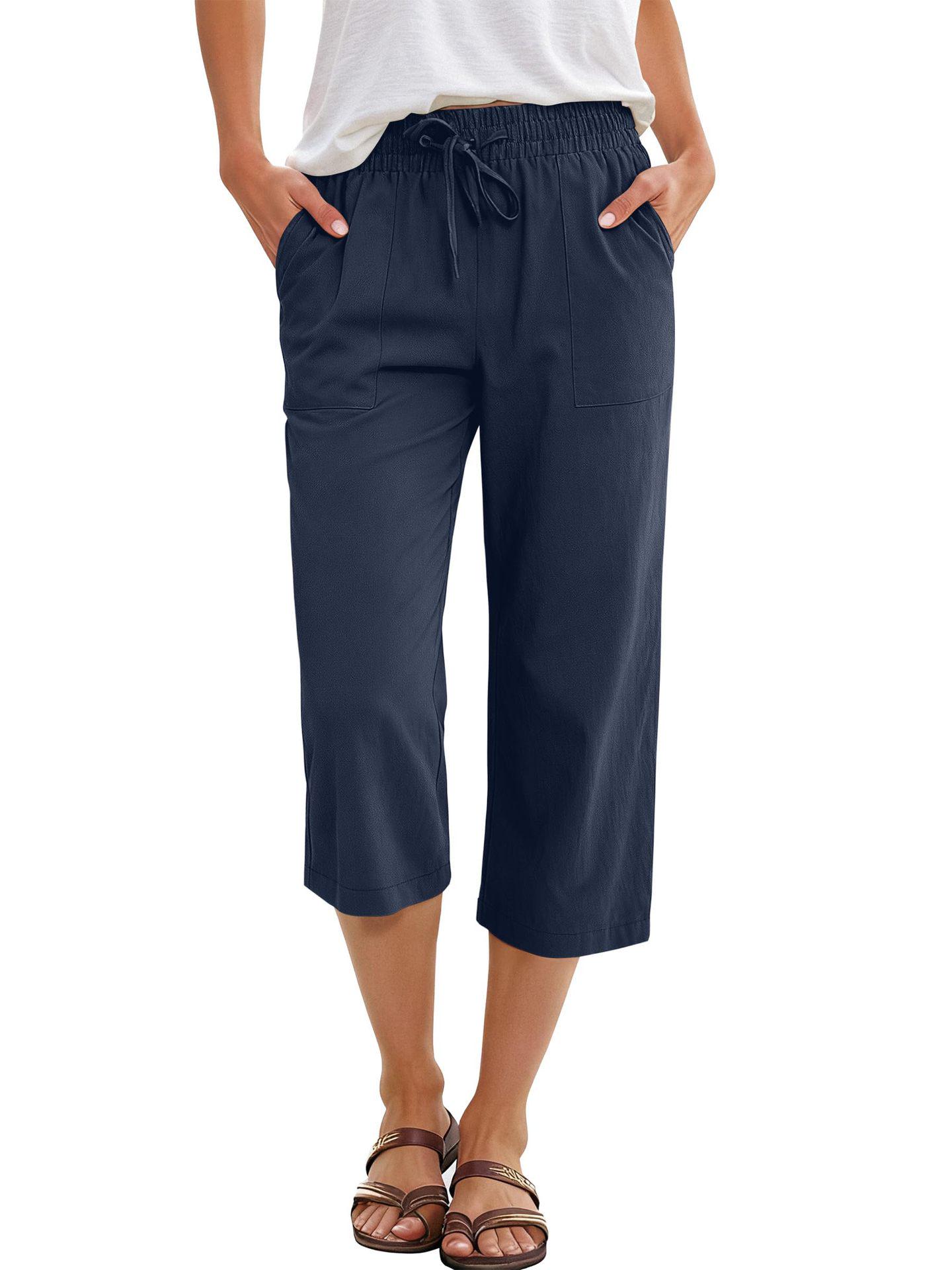 

2025 Women s Solid Color Cotton Linen Wide Leg Drawstring Pants - European & American Spring/Autumn Casual Wear Small темно-синього кольору