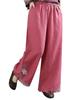 Tide Women's Spring Elastic Waist Cotton Linen Straight Leg Pants with Retro Embroidery